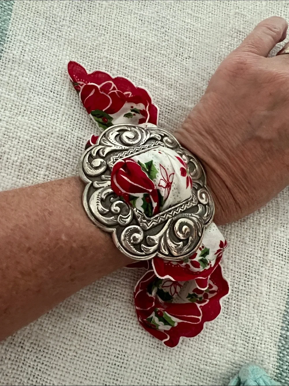 Silver Floral Fabric Cuff Bracelet - Red made from vintage hankie and belt